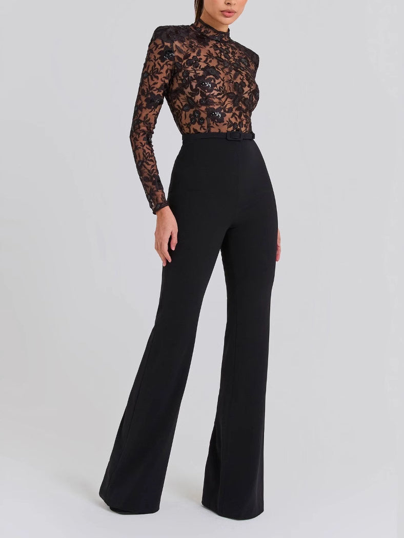 Amaris Black See-through Lace Long-sleeved  Jumpsuit