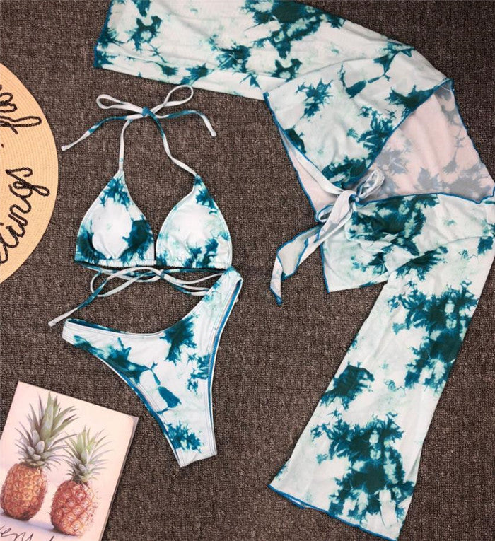 Long Sleeve Mesh Bikini  Three Pieces Leopard  Sexy Bathing Suit