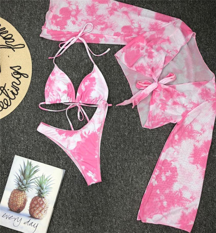 Long Sleeve Mesh Bikini  Three Pieces Leopard  Sexy Bathing Suit