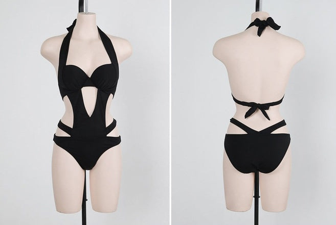 Sexy Black Halter Cut Out Bandage Trikini SwimSuit