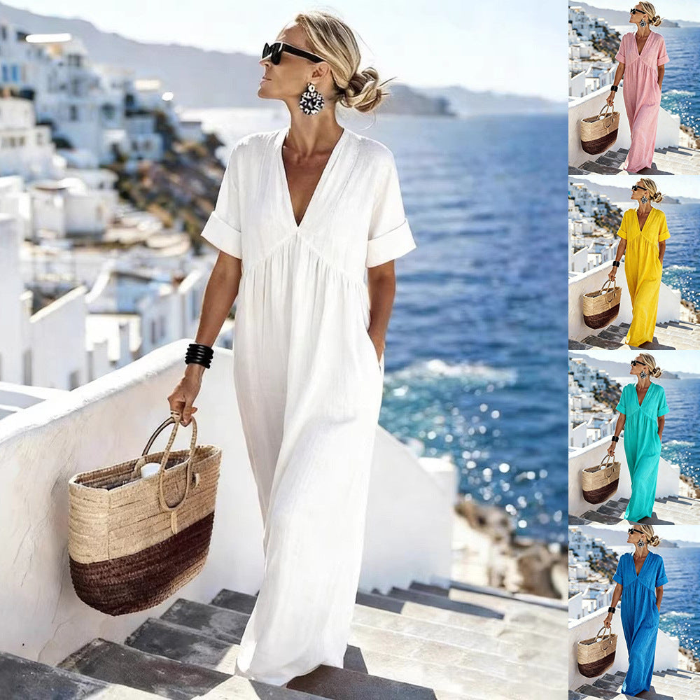 Womens Casual Resort-Style V-Neck  Long Dress