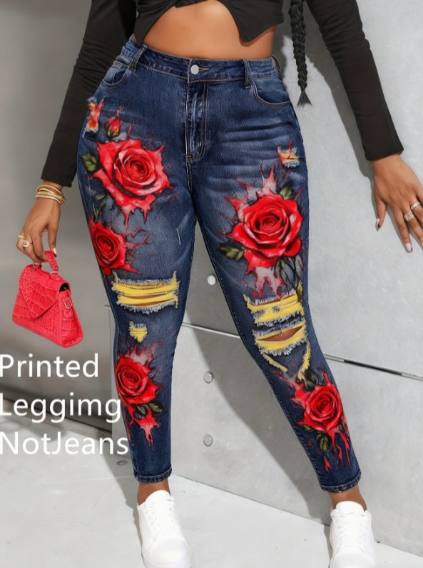 French Romantic Style. High-waisted Slimming Floral Print Denim plus size