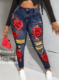 French Romantic Style. High-waisted Slimming Floral Print Denim plus size