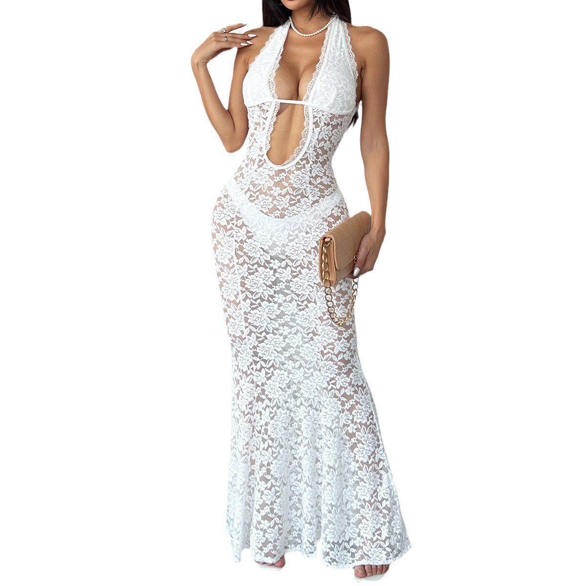 Sexy Lace Hollow-Out Halter Dress