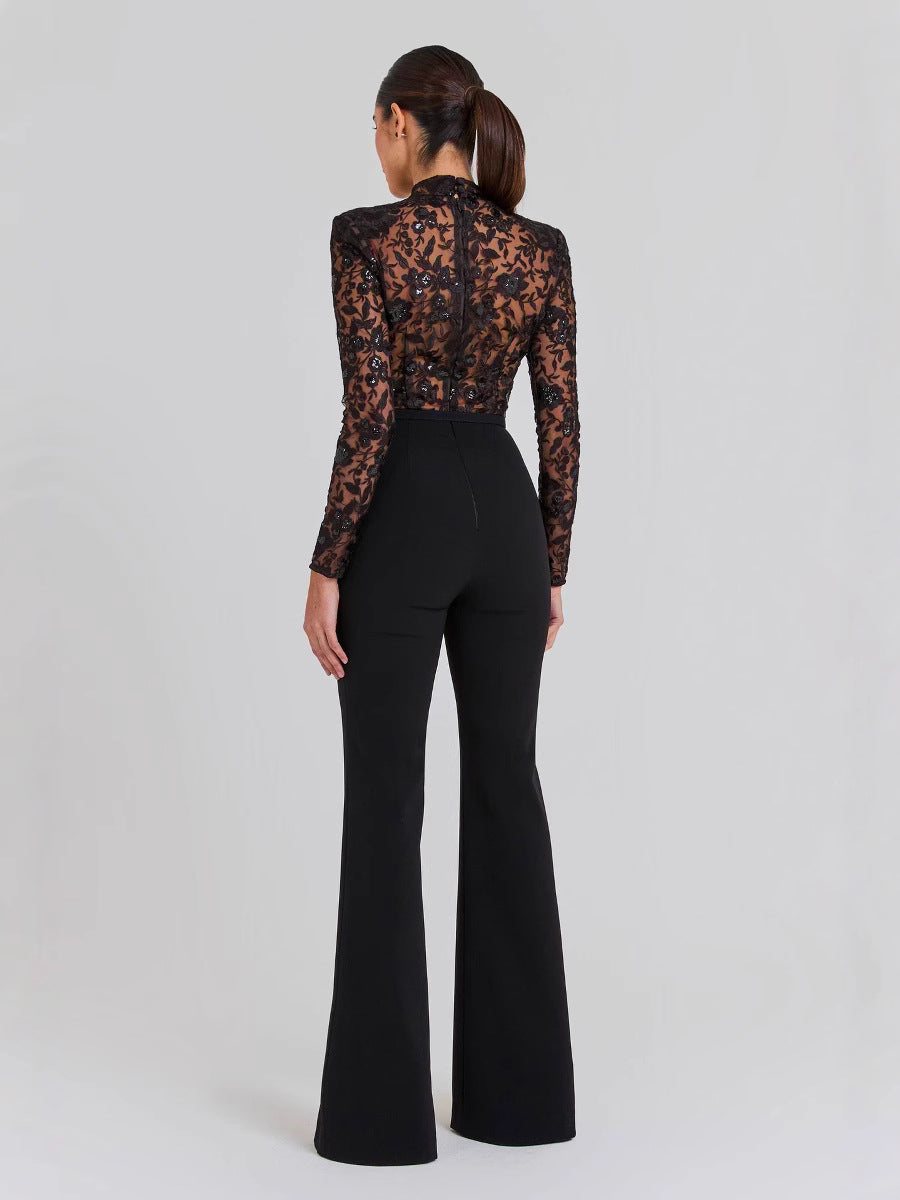 Amaris Black See-through Lace Long-sleeved  Jumpsuit