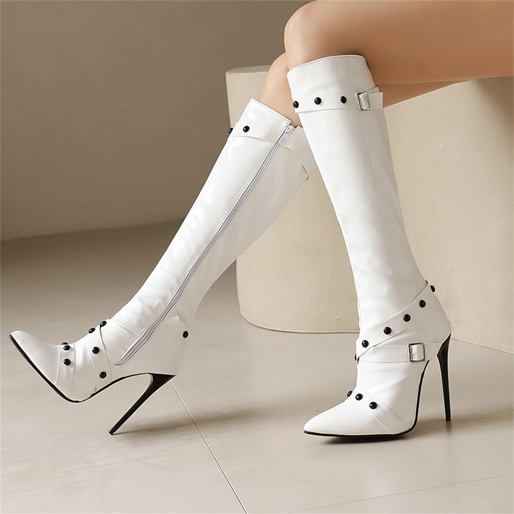 Womens Stiletto Heel Rivet Long Boots