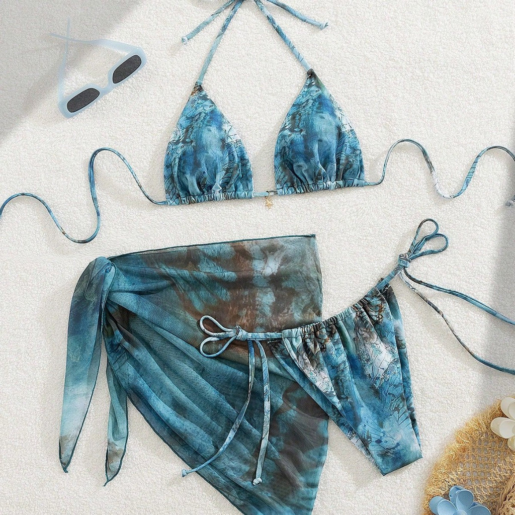 Three-Piece Bikini Retro Printed Lace-Up Swimsuit For Women