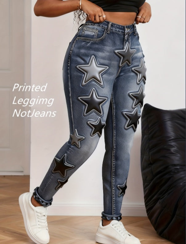 French Romantic Style. High-waisted Slimming Floral Print Denim plus size