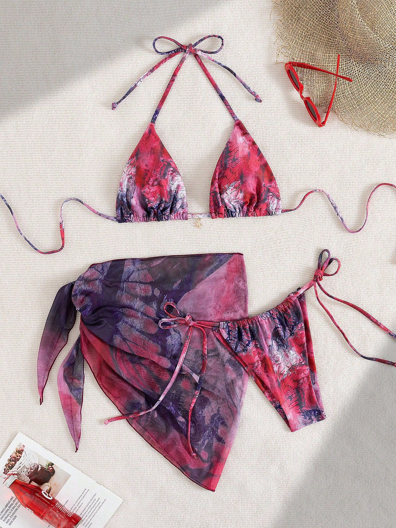 Three-Piece Bikini Retro Printed Lace-Up Swimsuit For Women