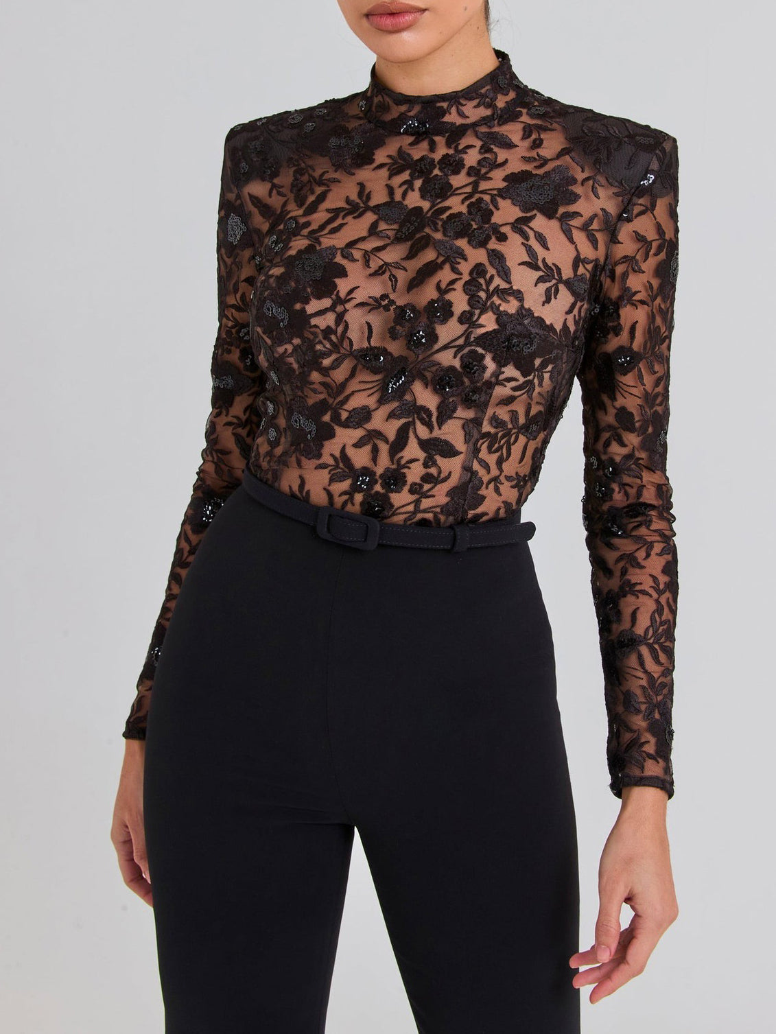 Amaris Black See-through Lace Long-sleeved  Jumpsuit