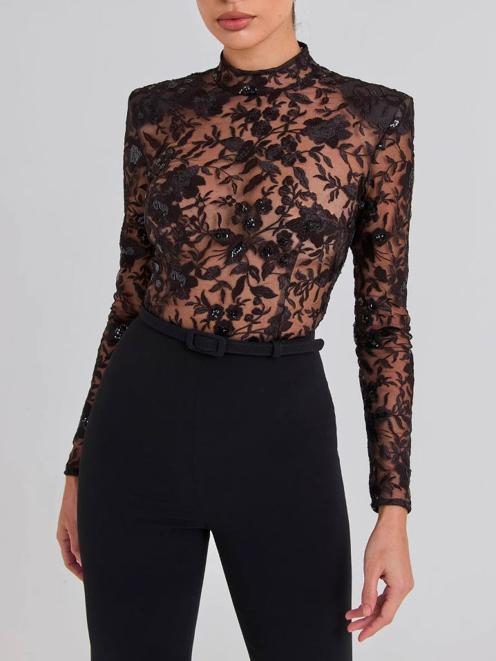 Amaris Black See-through Lace Long-sleeved  Jumpsuit