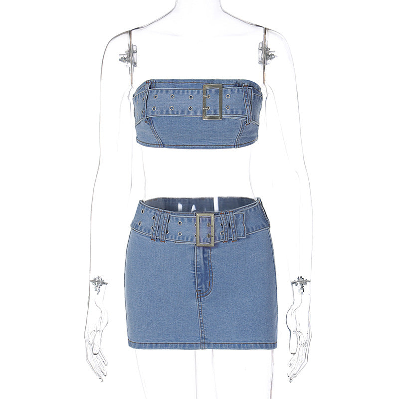 Women's Fashion Denim Tube Top Skirt Suit