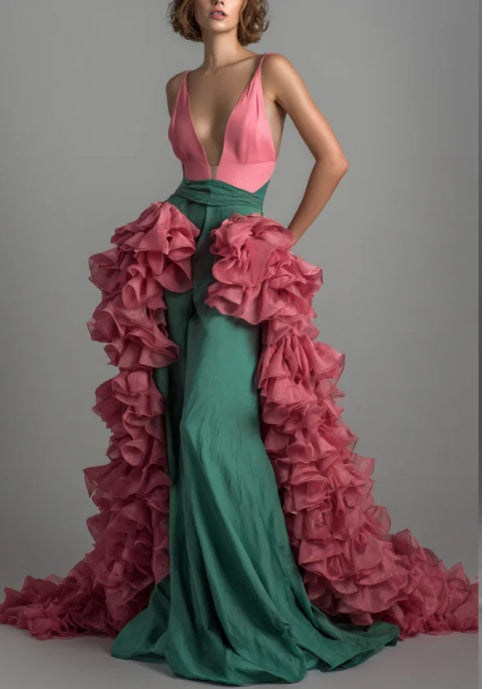 Two-Tone Deep V Gown With Detachable Cascading Ruffle Train dress