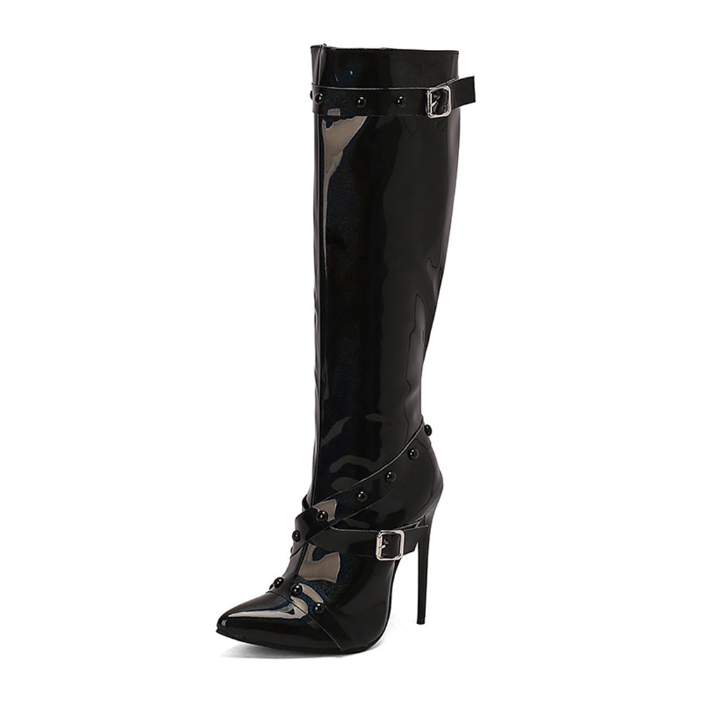 Womens Stiletto Heel Rivet Long Boots