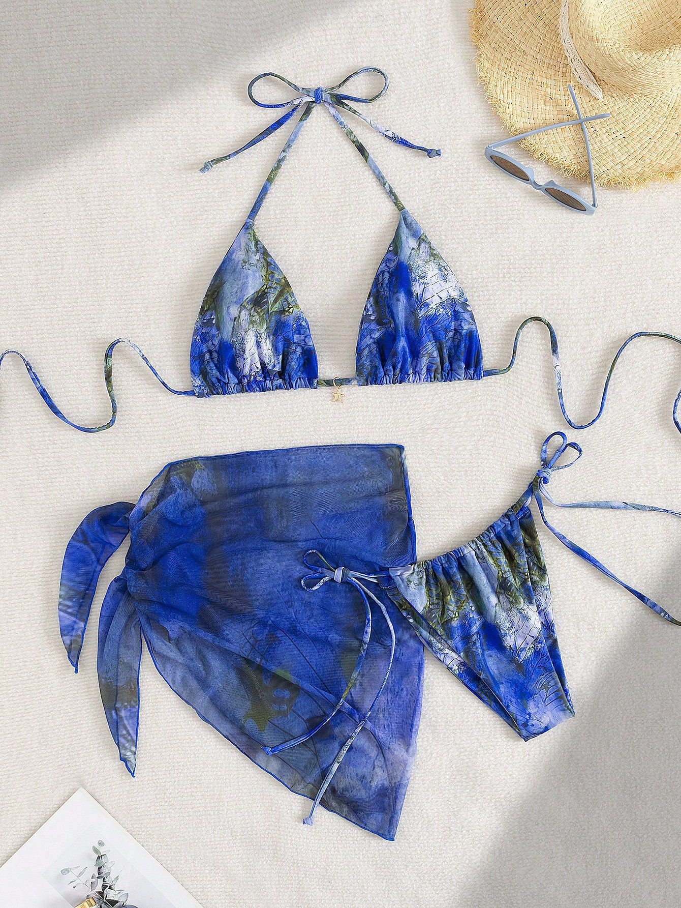 Three-Piece Bikini Retro Printed Lace-Up Swimsuit For Women